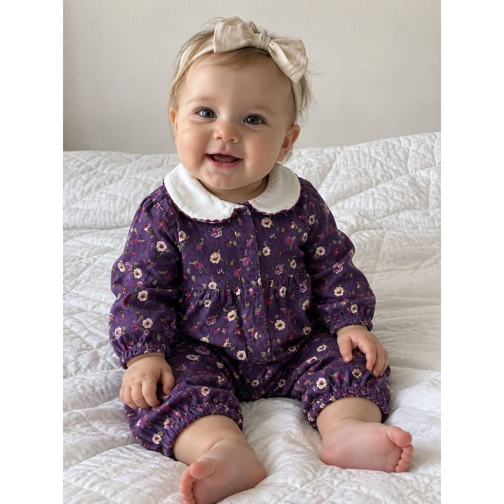 VINTAGE The Mayfair Co. Purple Floral Corduroy Coverall Peter Pan Collar 6-9M